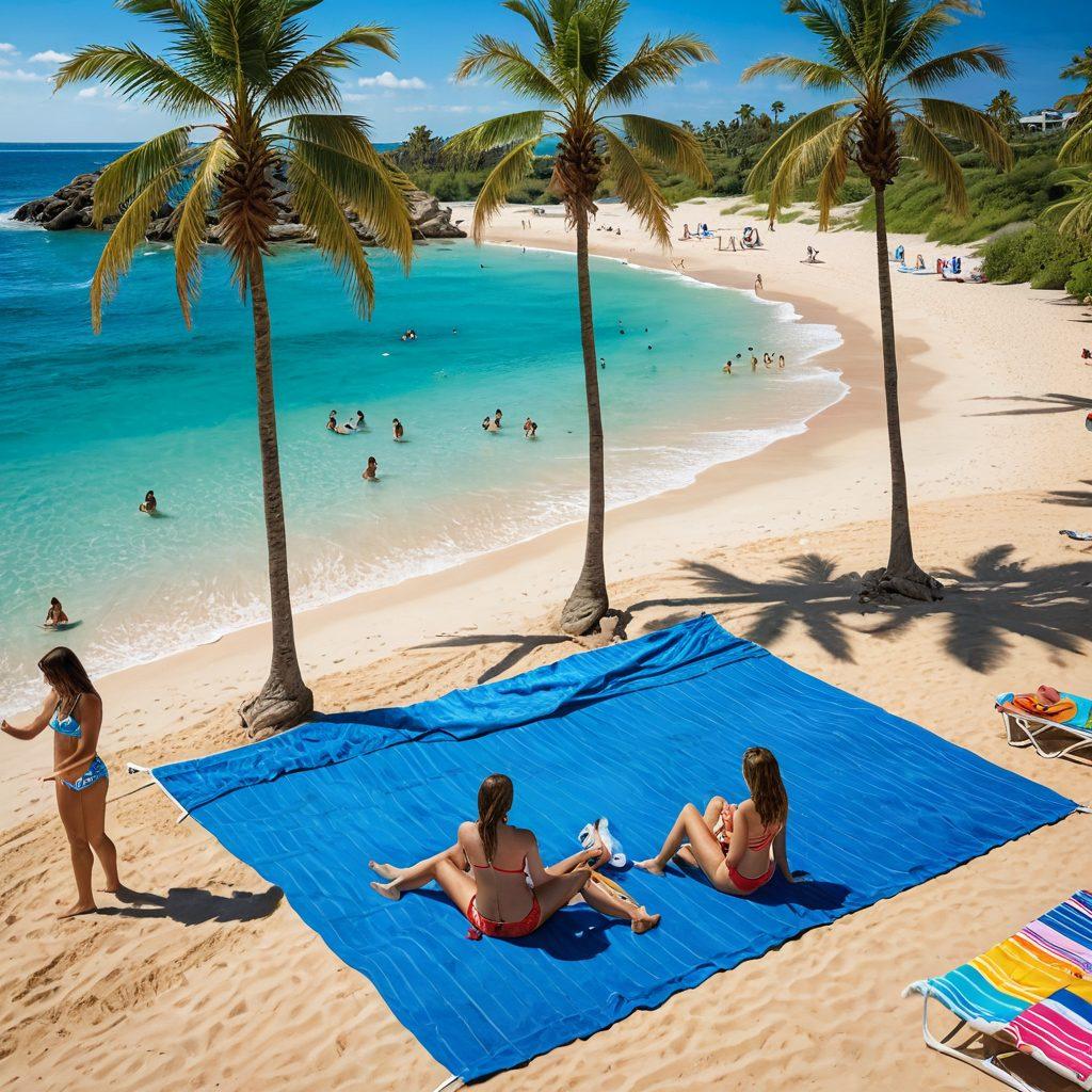 A beach scene showcasing diverse couples enjoying a sunny day, wearing trendy and vibrant swimwear that complements their personalities. Include playful beach activities like volleyball and sunbathing, a backdrop of clear blue water and palm trees swaying in the breeze. The mood should radiate fun and romance, inviting viewers to explore casual dating in style. vibrant colors. super-realistic. sunny day.